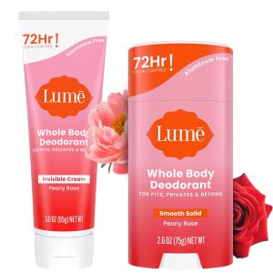Lume Whole Body Deodorant Cream Tube. Solid Stick - 3oz and 2.6oz Peony | 72-Hour Odor Control. Aluminum & Baking Soda Free. Skin-Safe. Whole-Body Deodorant for Women