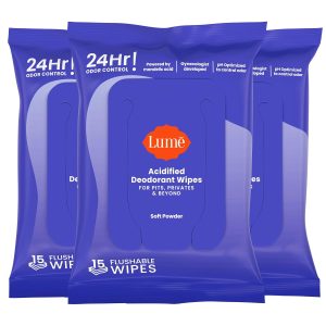 Lume Acidified Deodorant Wipes - 15 ct. 3 pk (Soft Powder) | 24-Hour Odor Control. Aluminum & Baking Soda Free. Flushable Whole-Body Deodorant Wipes for Women
