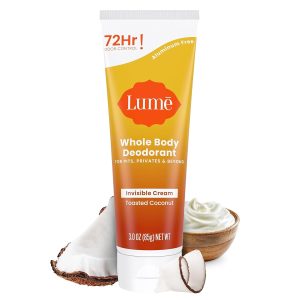 Lume Whole Body Deodorant - Cream Tube - 3 oz (Toasted Coconut) | 72 Hour Odor Control Aluminum Free Baking Soda Paraben Skin Safe Feet Cruelty deodorant lotion