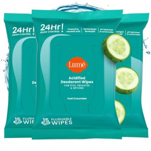 Lume Acidified Deodorant Wipes - 15 ct. 3 pk (Cool Cucumber) | 24-Hour Odor Control. Aluminum & Baking Soda Free. Flushable Whole-Body Deodorant Wipes for Women