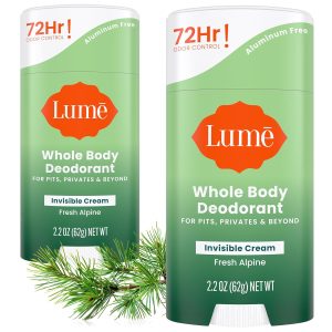 Lume Whole Body Deodorant - Cream Stick - 2.2 oz. 2 pk (Fresh Alpine) | 72 Hour Odor Control Aluminum Free Baking Soda Skin Safe Feet deodorant lotion women